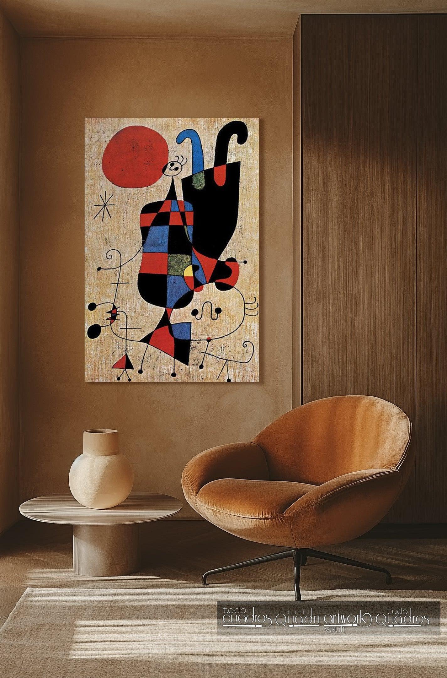 Personnages et un chien devant le soleil, Miró