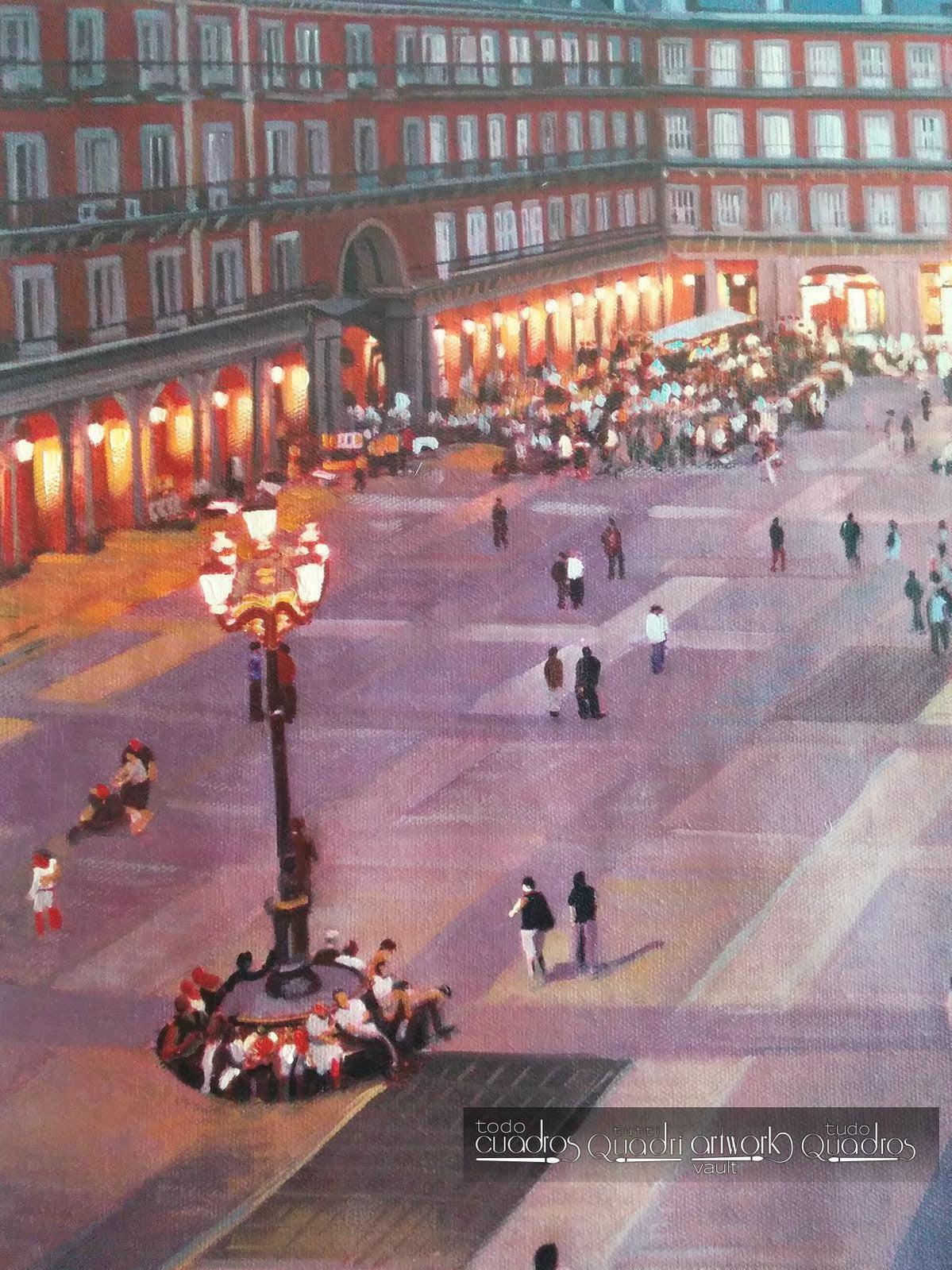 La place Mayor de Madrid, coucher du soleil