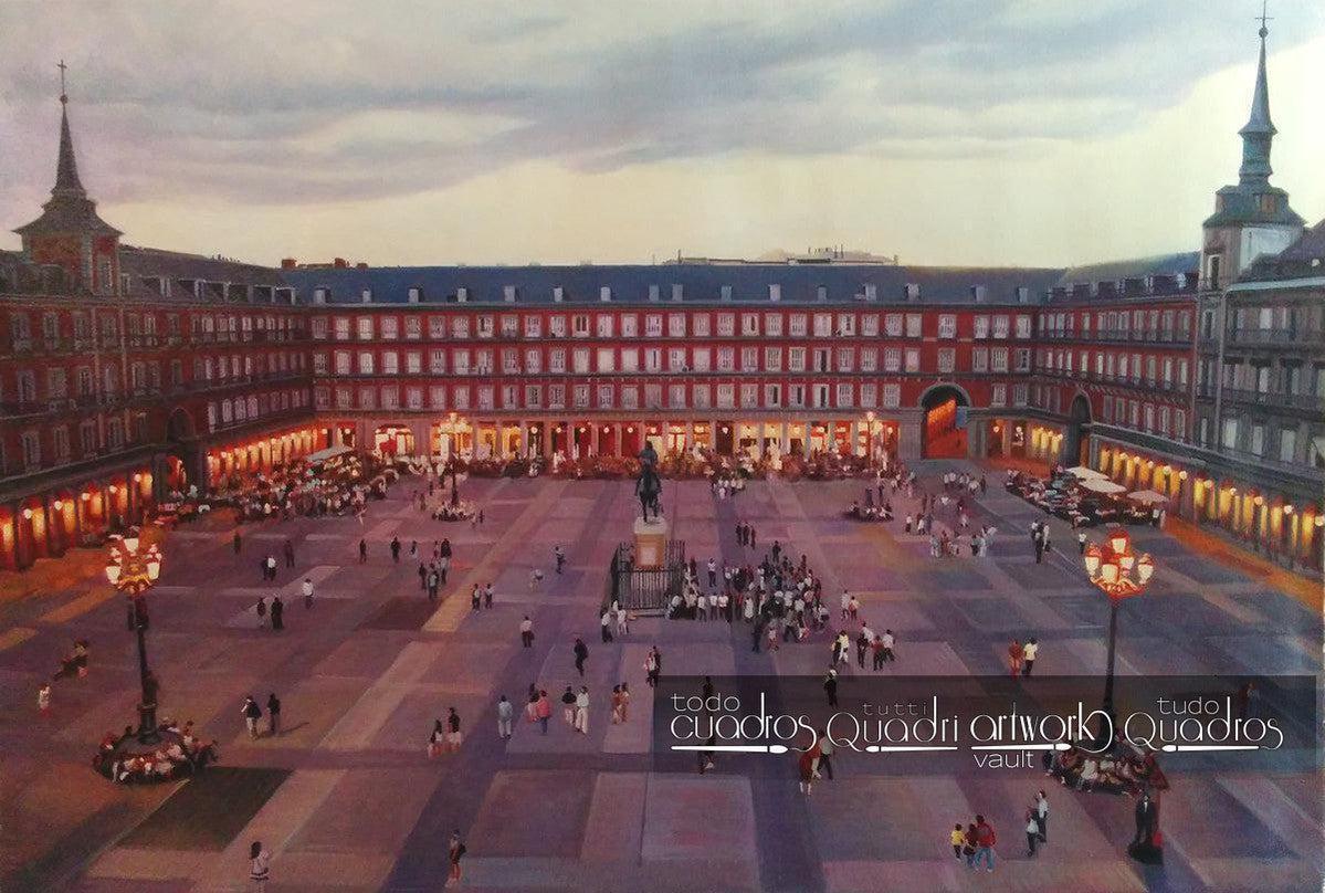 La place Mayor de Madrid, coucher du soleil