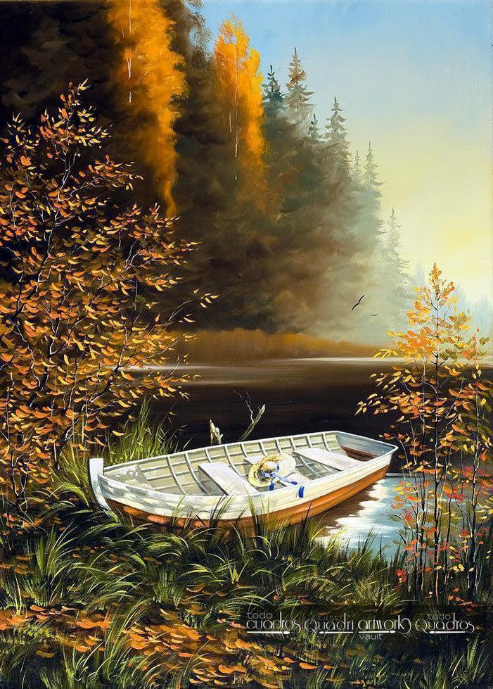 Barque et marais, Huile de Paysage