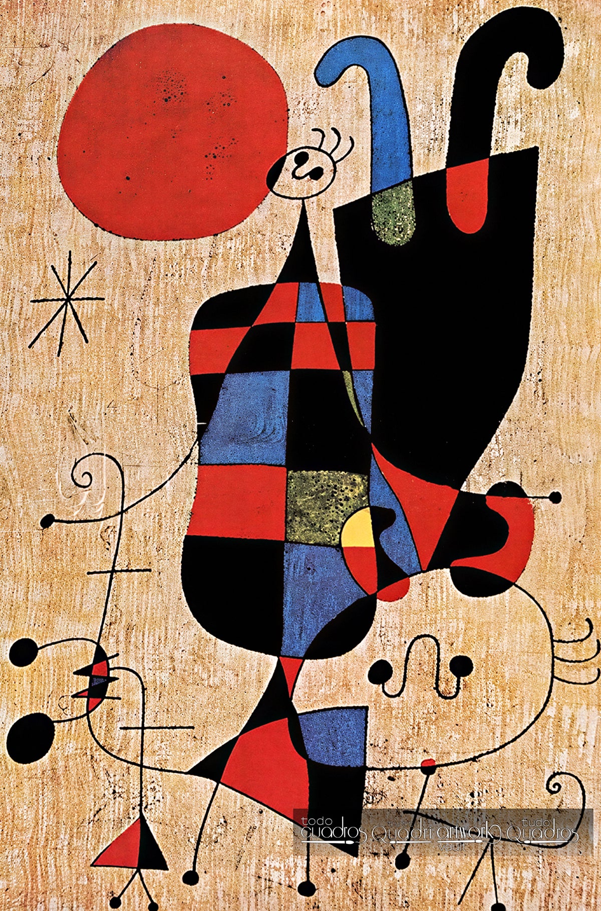 Personnages et un chien devant le soleil, Miró